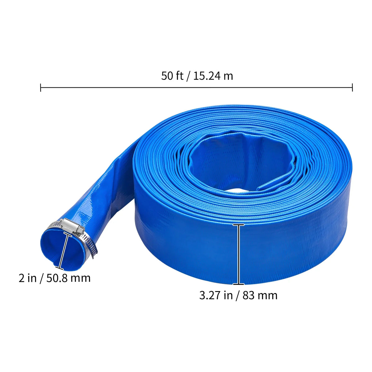 Pool Premium Lay and Chemical Weather x Flat 50' PVC Filter Discharge Backwash Clamps Hose Swimming 2'' BENTISM Blue Hose Resistant with