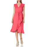 LAGERFELD Ruffled V Faux Womens Length Dress KARL Coral Knee Neck Sleeveless Wrap Cocktail Zippered 14
