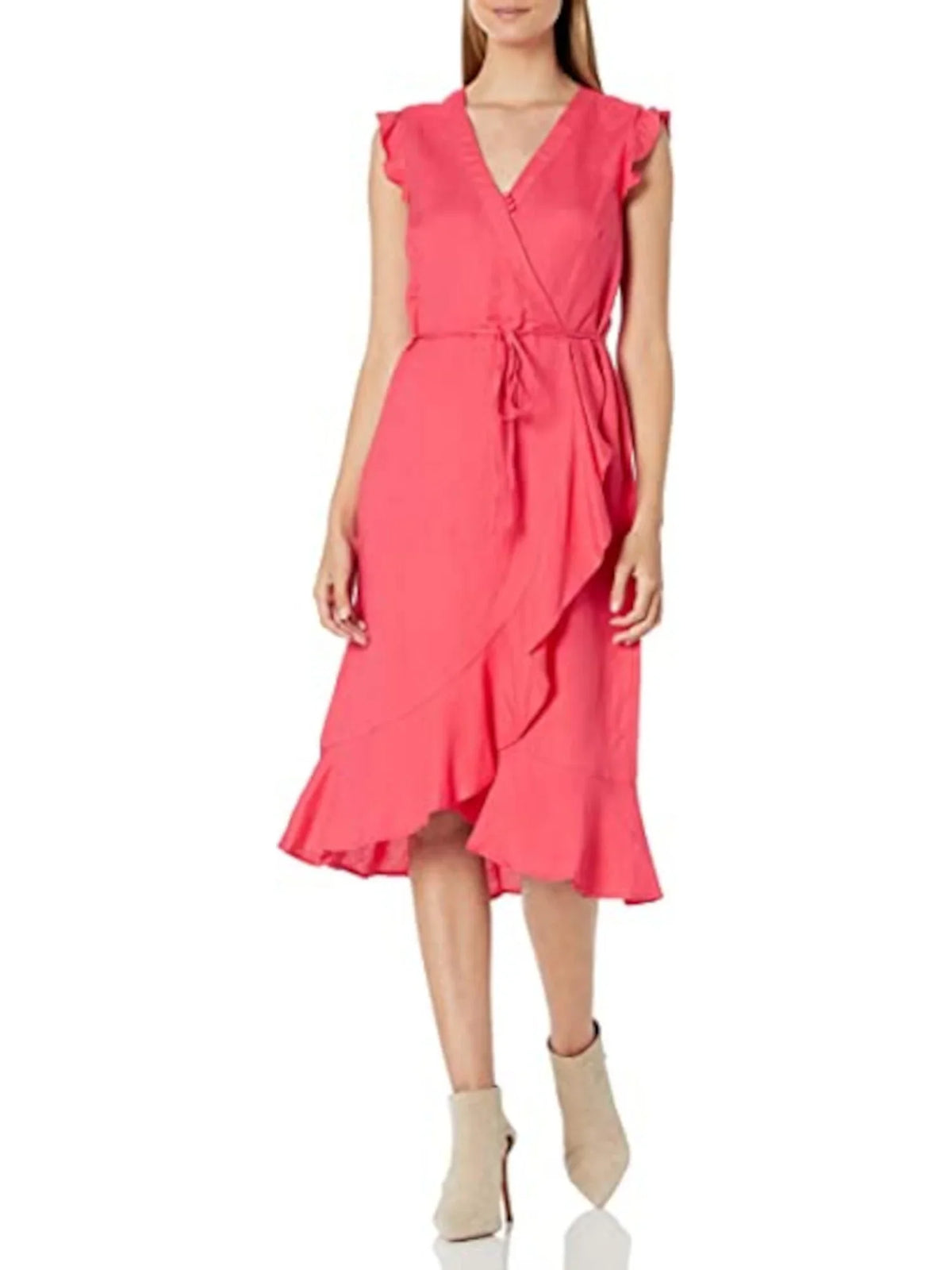 LAGERFELD Ruffled V Faux Womens Length Dress KARL Coral Knee Neck Sleeveless Wrap Cocktail Zippered 14