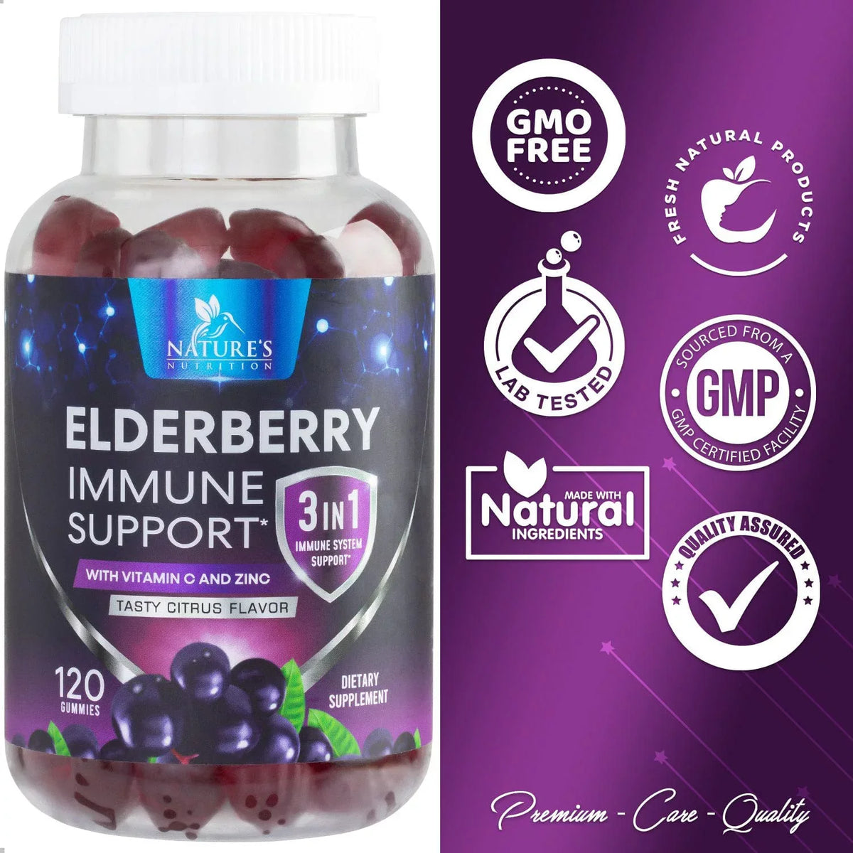 Black Nature's Vitamin Gummies Gummies Vitamin Elderberry Kids Elderberry - Gluten Zinc, - Free Sambucus for Support 120 Supplement, with Gummy Adults C Immune & Gummies Immune and Non-GMO