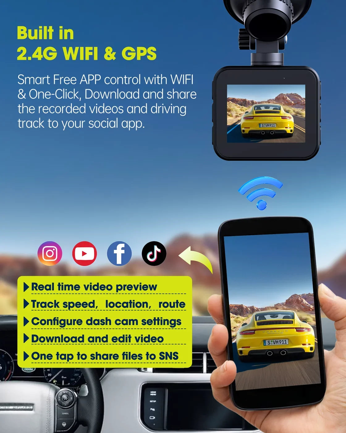 Front Camera TOGUARD Cam with Super Built-in WiFi UHD 4K Night Control GPS Camera for Dash Voice Car Car Vision,