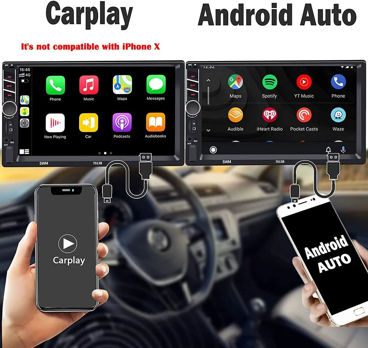 Bluetooth Control/USB/Remote Image Wheel with Carplay Touchscreen Input/Steering Player/FM/AM,Support 7 Compatible Android Stereo Auto Binize Unit/MP5 Radio Car Head inch Reversing Din Double