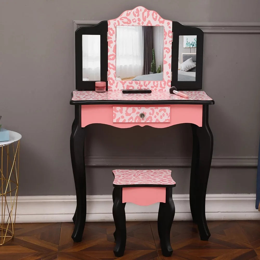with Dressing Organizer, Table Bedroom Topcobe 2 Vanity Girls, with Removable Stool Desk for Pink Set Makeup Vanity Mirror Drawers Table with Makeup Table