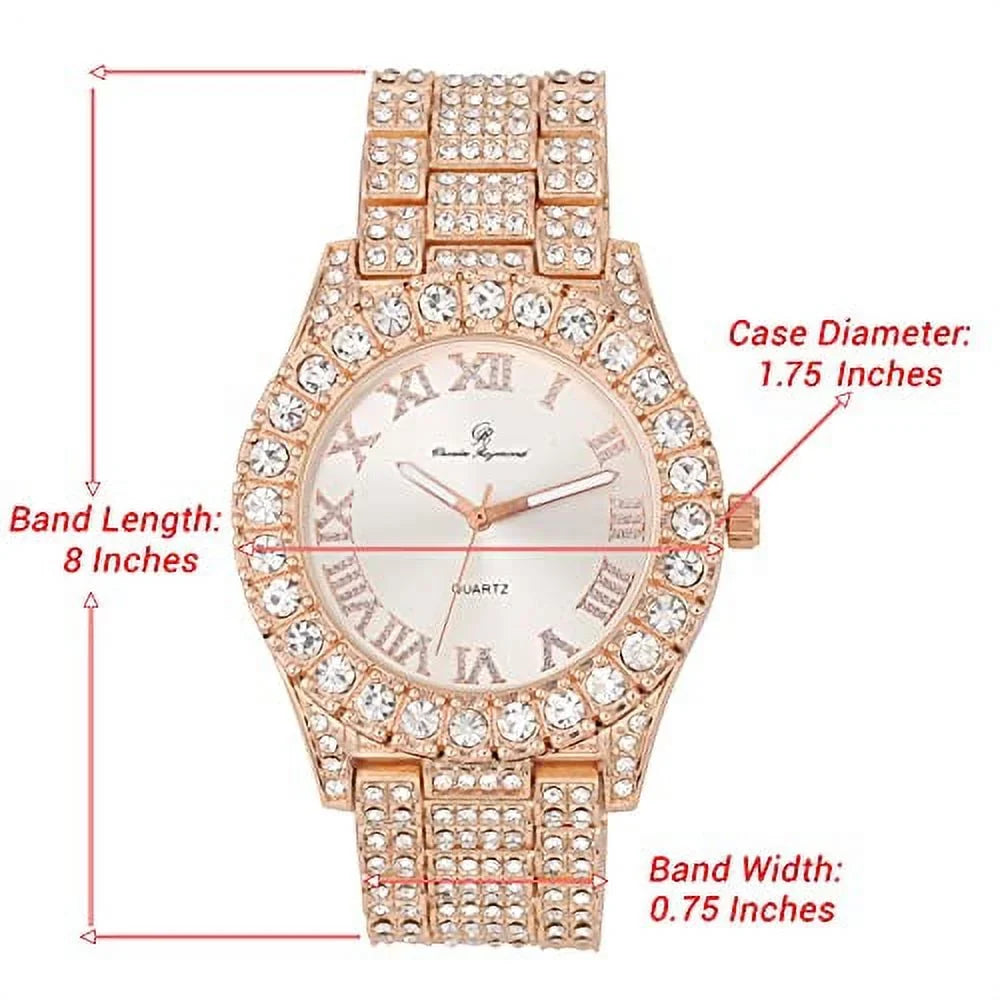 '- RN with Shiny Rocks Silver Gold) Cuban Wristwatch Fully Numerals Iced w/Blinged Colorful Big Out Silver Out Bracelet Cuban ST10327 Raymond Mens Charles Roman (Rose Dial