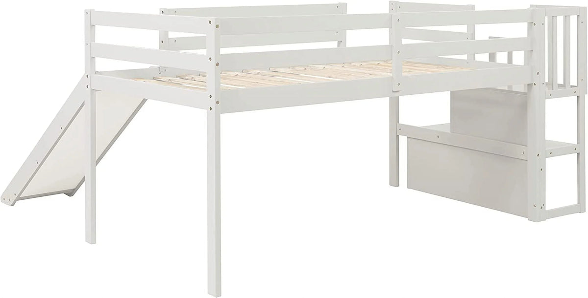 &amp; with Bright Bed Low Wood with for Box No Size NLTBONNIE Stairs Twin Safety Teens Frame Rail Loft Bed (White) Loft Harper Designs and Needed Slide Toddlers Spring