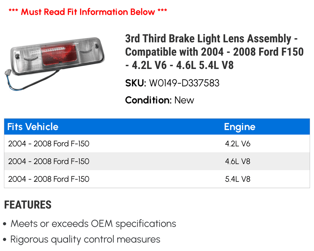 Assembly V8 2004 V6 3rd - 2008 - 4.2L Lens with 2007 - - Ford Compatible 2005 Light Third 4.6L 5.4L F150 2006 Brake