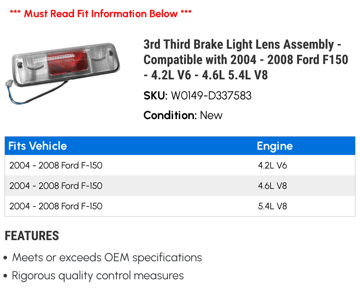 Assembly V8 2004 V6 3rd - 2008 - 4.2L Lens with 2007 - - Ford Compatible 2005 Light Third 4.6L 5.4L F150 2006 Brake