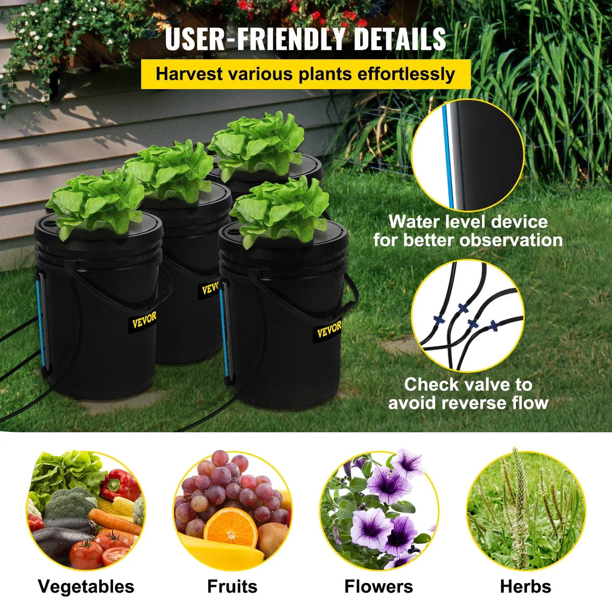 DWC Leafy Water Kit, Pump, Stone Grow Vegetables Indicator for 4-Bucket 5-Gallon, & Hydroponic System with Level Indoor/Outdoor VEVOR Air
