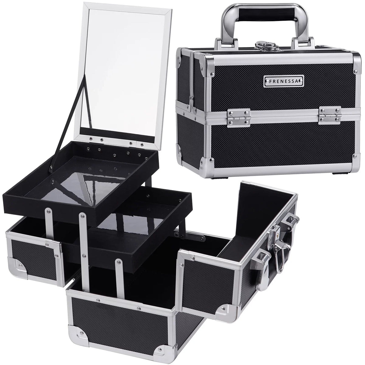 Lockable Storage Makeup Case with Train Cosmetic Makeup Mirror Joligrace Organizer Trays Box 2 Case