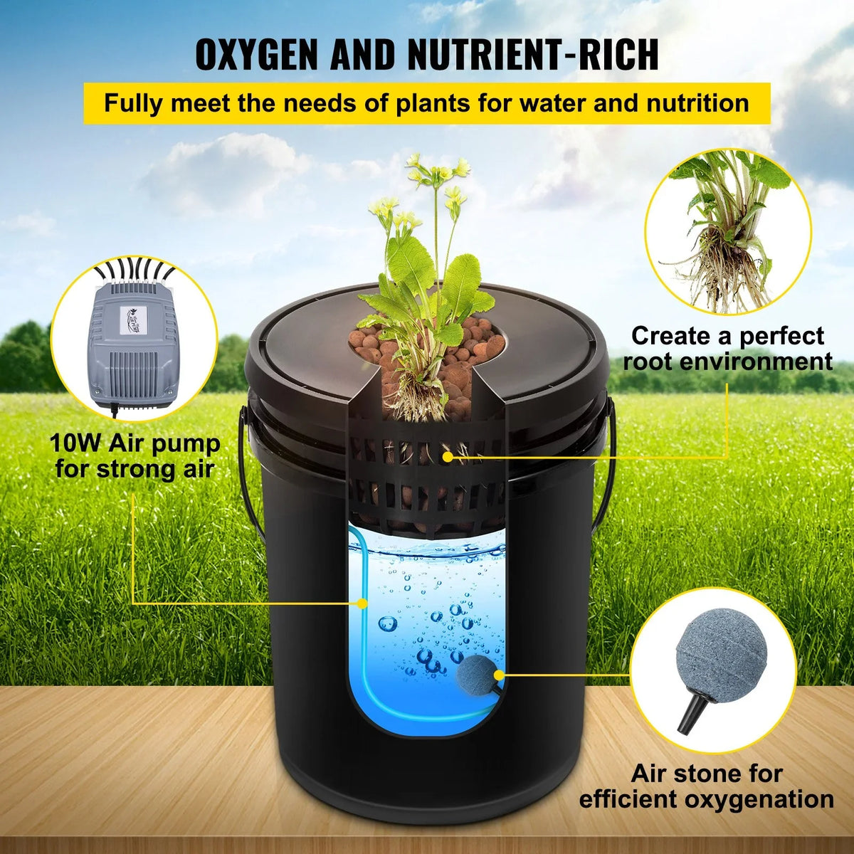 DWC Leafy Water Kit, Pump, Stone Grow Vegetables Indicator for 4-Bucket 5-Gallon, & Hydroponic System with Level Indoor/Outdoor VEVOR Air