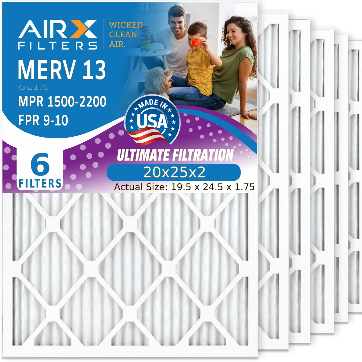Pleated AIRX - 13 & Filter by Conditioner 6 AIR. Made CLEAN USA to FPR WICKED 20x25x2 MPR Furnace Filters 2200 AC Air 9 1500 FILTERS 20x25x2 MERV Premium Comparable Pack Filter Electrostatic Air HVAC