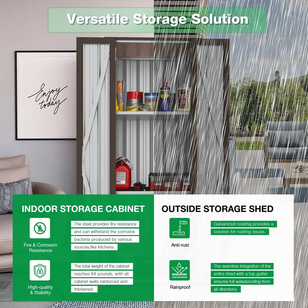 and Garden Garage& Shelves with Metal 70" YODOLLA Brown for Storage in Cabinet Organizer Storage Shed Indoor Doors Outdoor/