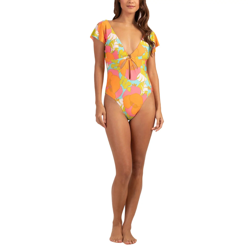 14 Playa Front / Sleeves Turk Swimsuit-Orange Women's Keyhole One-piece Flutter Flor De Trina