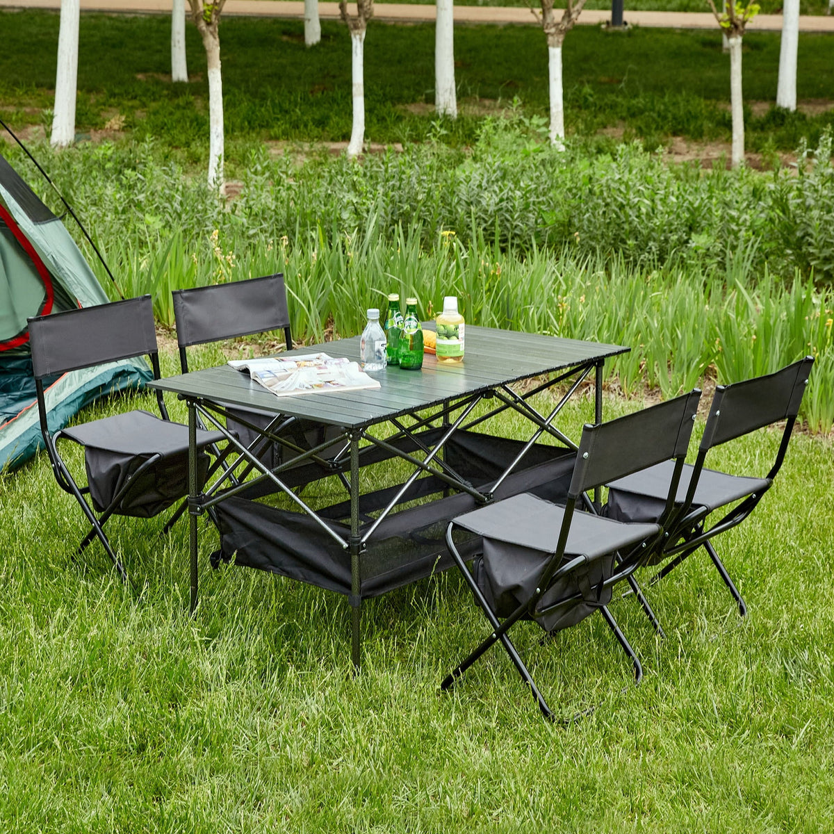 Outdoor Party, 5, Camping, Patio, BBQ, Picnics, Folding of Indoor, Table and Chair for Set Outdoor Black/Gray Beach,Backyard, Set