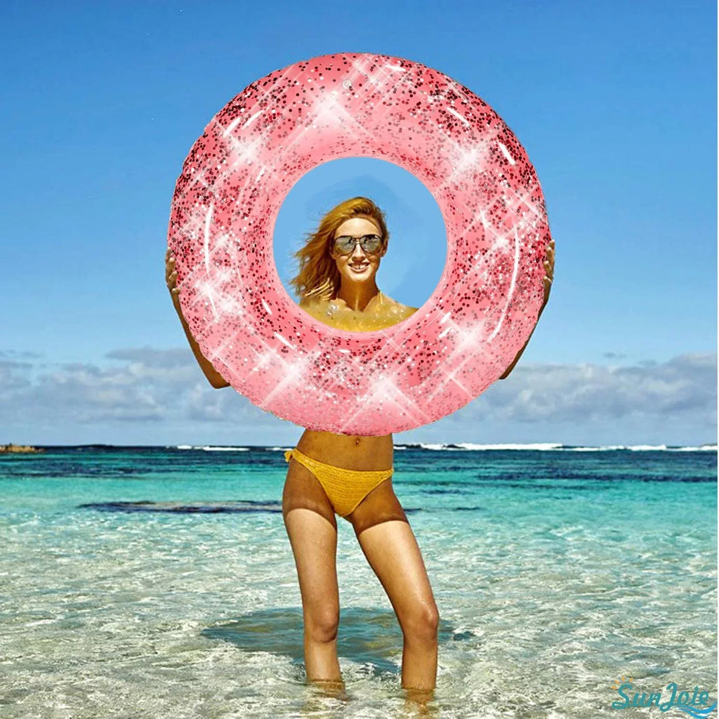 Adults Fun Pool Inflatable Floaties, Toys, 48 Round Inside, Glitter Rose Summer Pool Float Kids Inch Rings Gold Alyvia Swim with | Party for Beach &