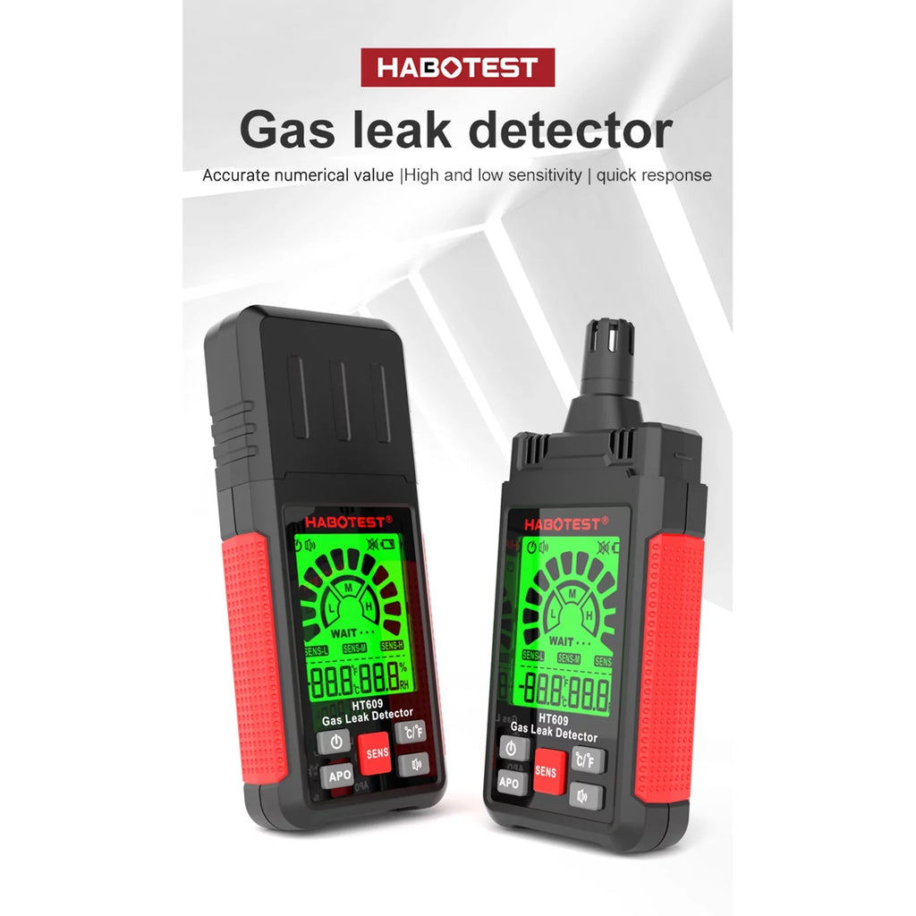 Detector Leak LCD with HABOTEST Methane Gas HT609 and Ambient Natural Detector Detector Combustible Alarm Gas and Hydrogen Gas Visual Display Humidity Temperature Audible