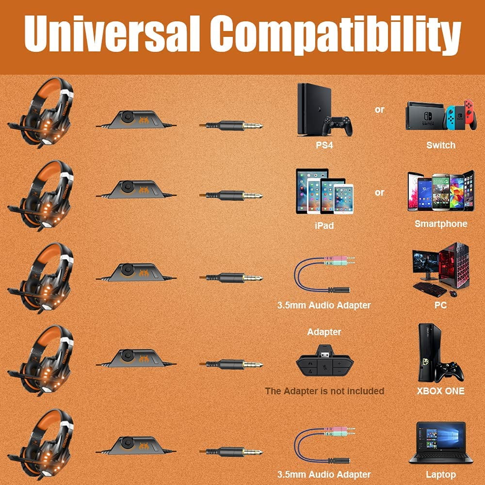 Earmuffs Mic, Cancelling LED G9000 Gaming One Over Light, Noise PS4, Headphones for Soft (Orange) Xbox Headset with Surround, Stereo Memory PC, BENGOO Bass Ear Controller,