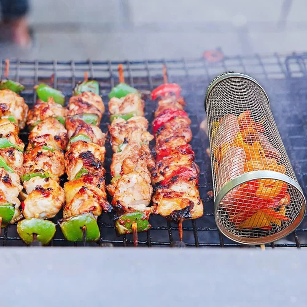 for Grilling BBQ Rolling Basket，Round Fish, Barbecue Outdoor BBQ 2PC ，Portable Barbeque Shrimp, Rack Basket Vegetables, Grilling Griller Cooking Camping Accessories