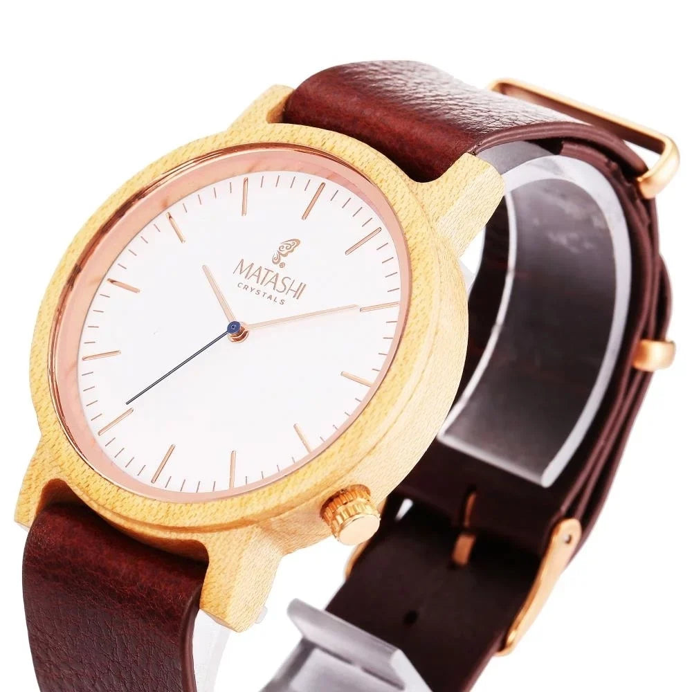 Womens Matashi Business and Watch Water 1ATM Wooden Leather Wrist Resistant, Brown Casual w Swiss or Mens Travel, Strap,