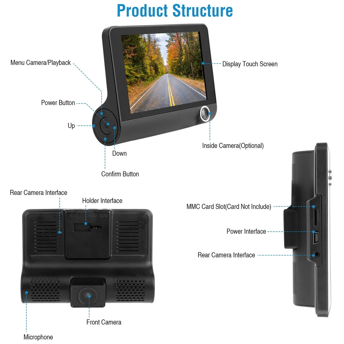 Rear Recording Motion G-Sensor Cam with Detection Front Dash Touch 1080P and iMouTEK Loop 4in Car Camera Dash Camera Screen