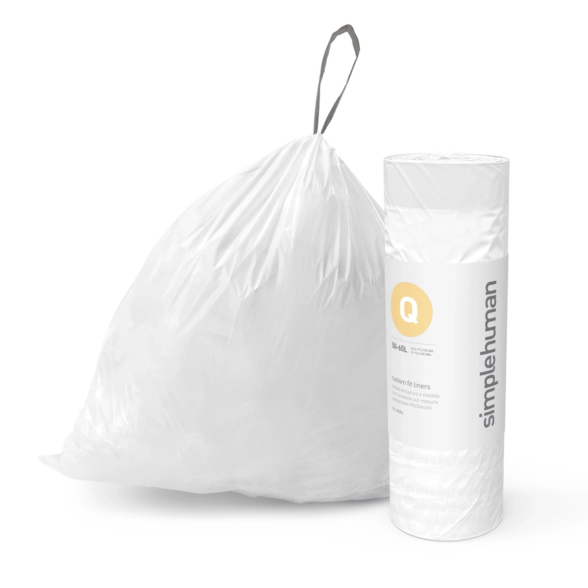Trash Pack, Drawstring Q Custom simplehuman Bags, Fit Roll / Code 13-17 240 50-65 White Gallon, Liter