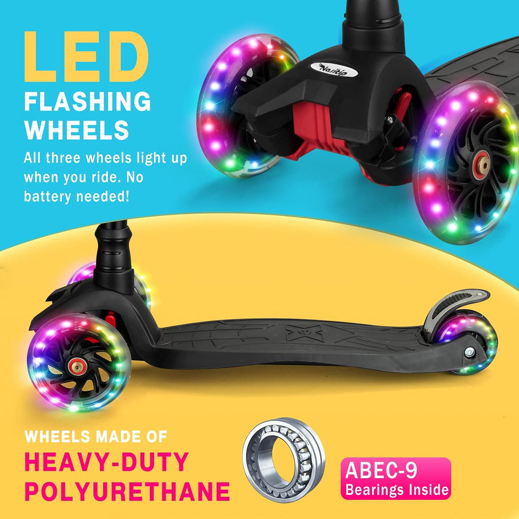 Adjustable Height, from Scooter Light with Wheels Bearing, Push to 3 Up 4 Boys 12 3 AEBC-9 Collapsible Scooter for Toddlers Girls Years Kids Portable Old(Black) Kick