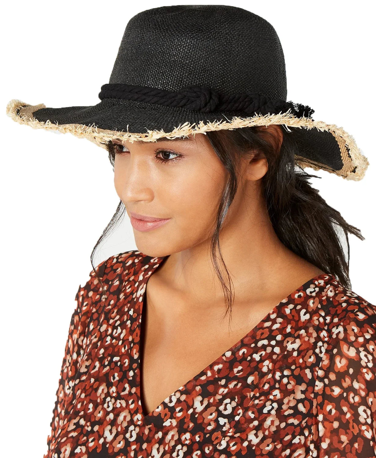 Women’s Twisted Rope INC Concepts Hats, International Straw Detail Floppy & Black