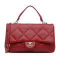 Lambskin Small (Good) Satchel Authenticated Red Flap Unisex Bag Chanel Leather Carry Easy Pre-Owned