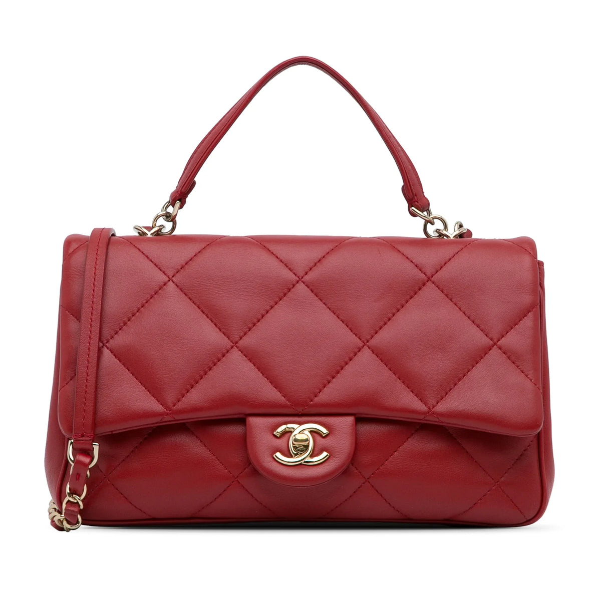 Lambskin Small (Good) Satchel Authenticated Red Flap Unisex Bag Chanel Leather Carry Easy Pre-Owned
