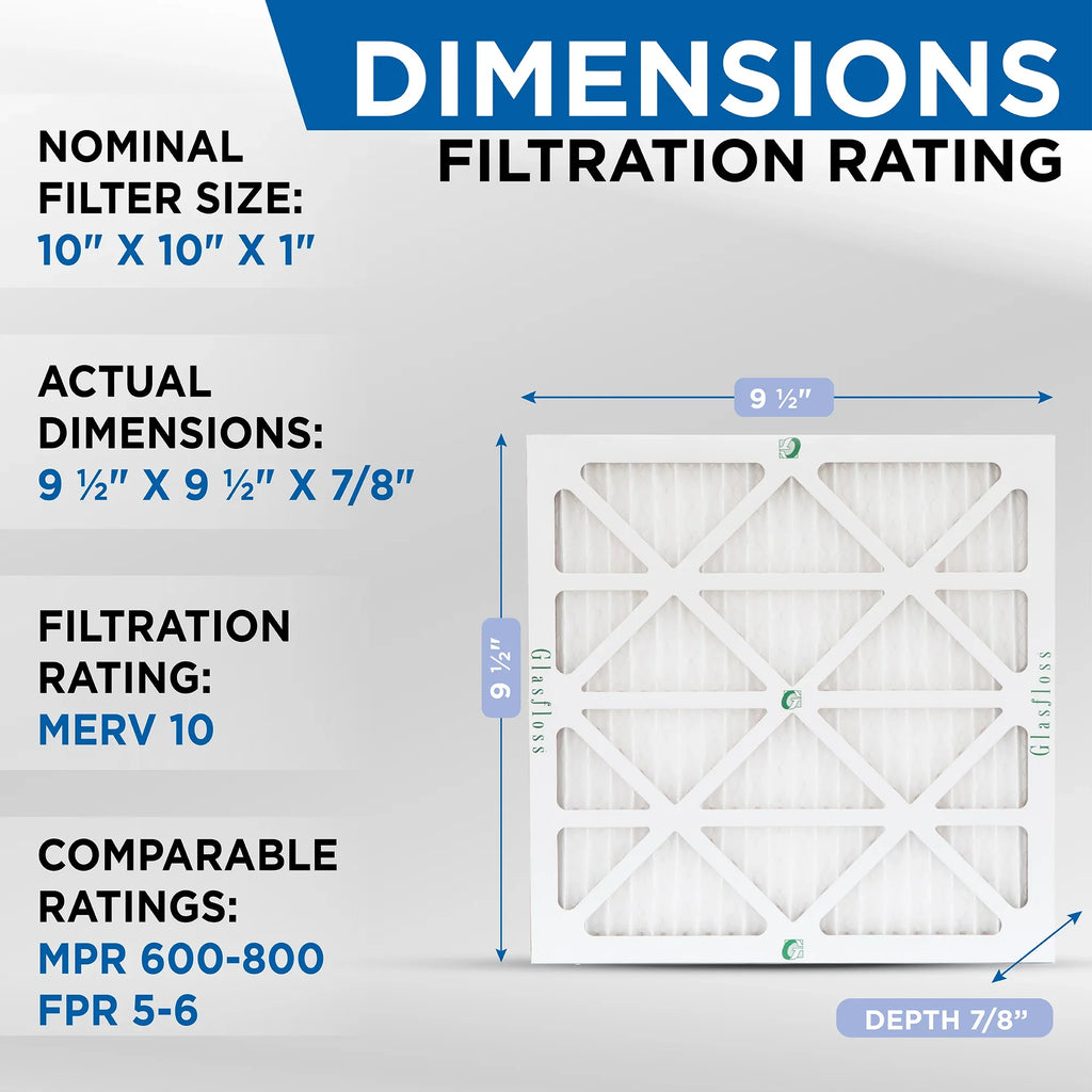 Pack 7/8 x 10x10x1 Glasfloss. 9-1/2 9-1/2 Actual x by Size: of 10 Pleated 12 Filters Air MERV