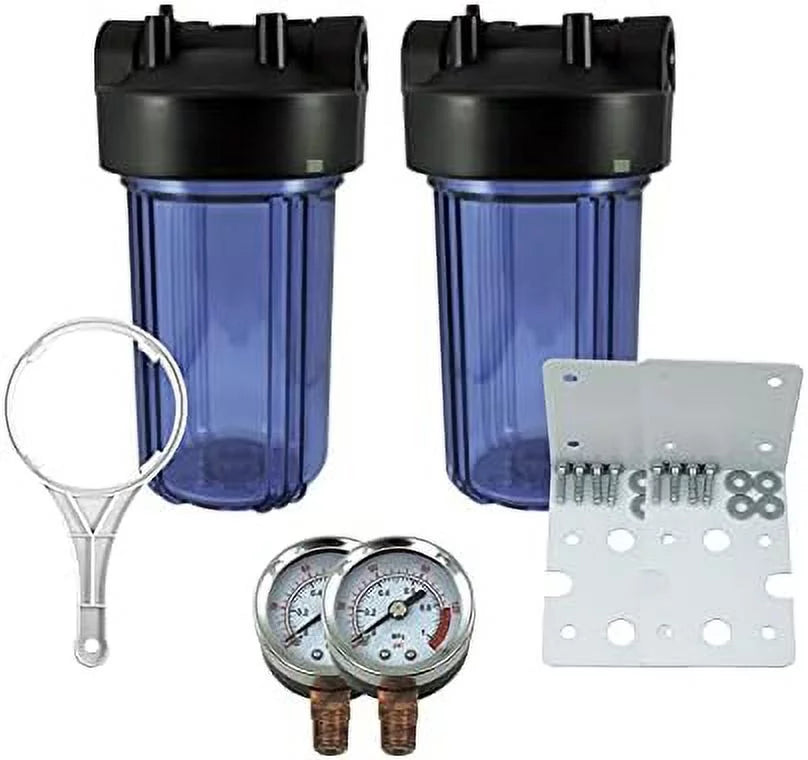 NPT 1" Filter House Brass Whole Housing Gauges, 2 Brackets Clear Pressure Release, 2 W/Pressure System Pack 2 BB Wrench 10" Ports