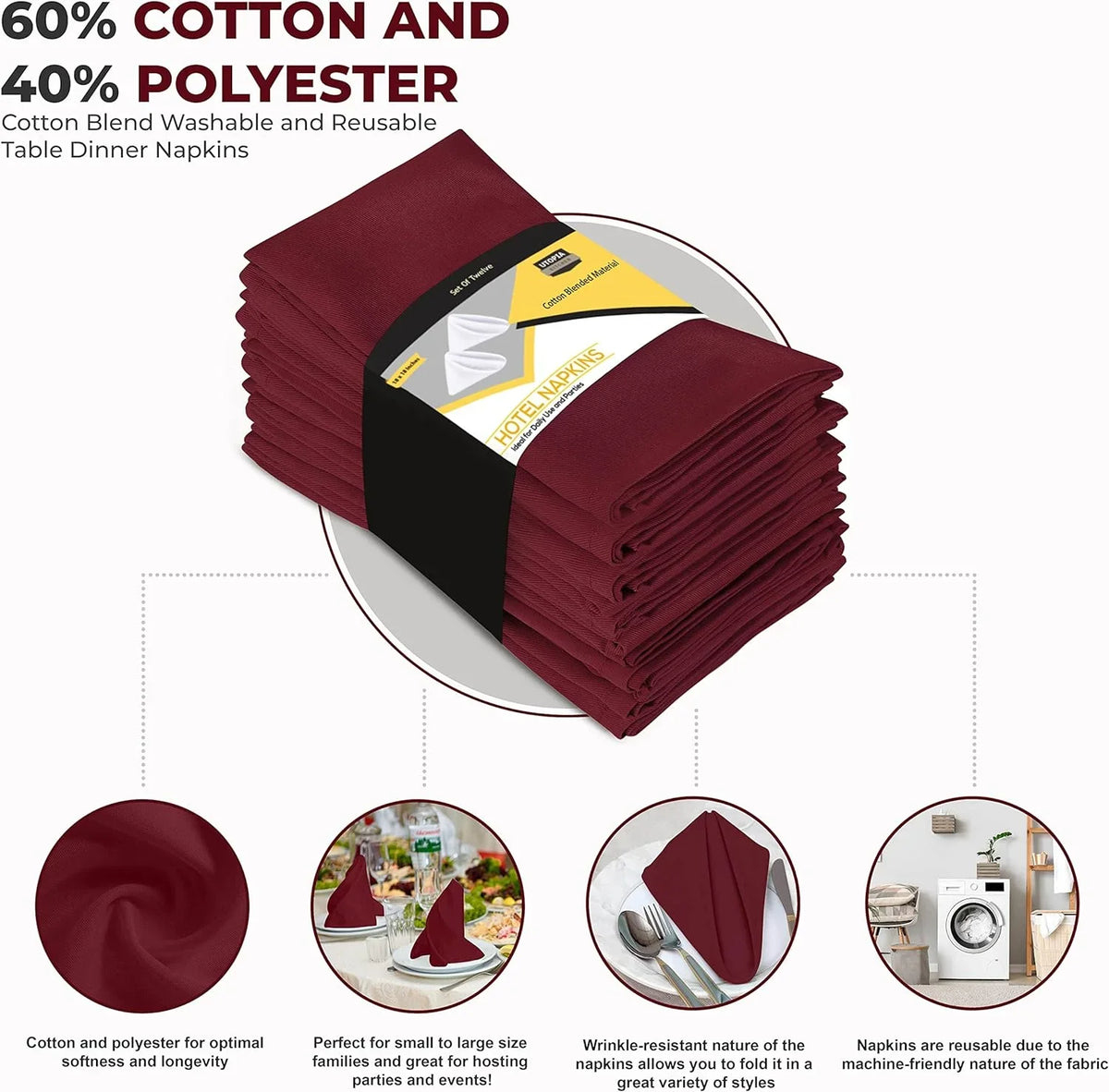 Lunch, Weddings, Washable Restaurant, 18x18 Inch] Cotton Blend Burgundy Hotel, Table [12 Pack, Reusable Inch Napkins Dinner and for Napkins 18x18 Kitchen Cloth Parties Event and Utopia Burgundy
