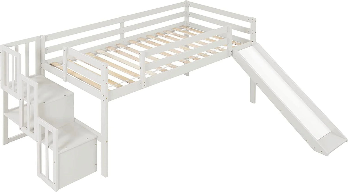 &amp; with Bright Bed Low Wood with for Box No Size NLTBONNIE Stairs Twin Safety Teens Frame Rail Loft Bed (White) Loft Harper Designs and Needed Slide Toddlers Spring
