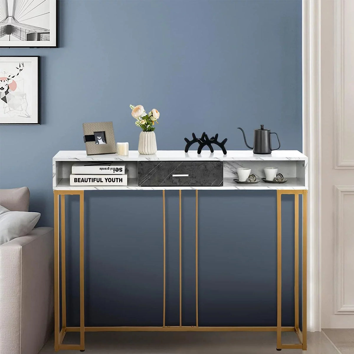 Table Room &amp; Living Entryway Pads Device with Kitchen NLTBONNIE Table Faux Ent Hallway Adjustable for Sofa with Foyer - Room Dining Anti-Toppling Foot &amp; Drawer Marble Console