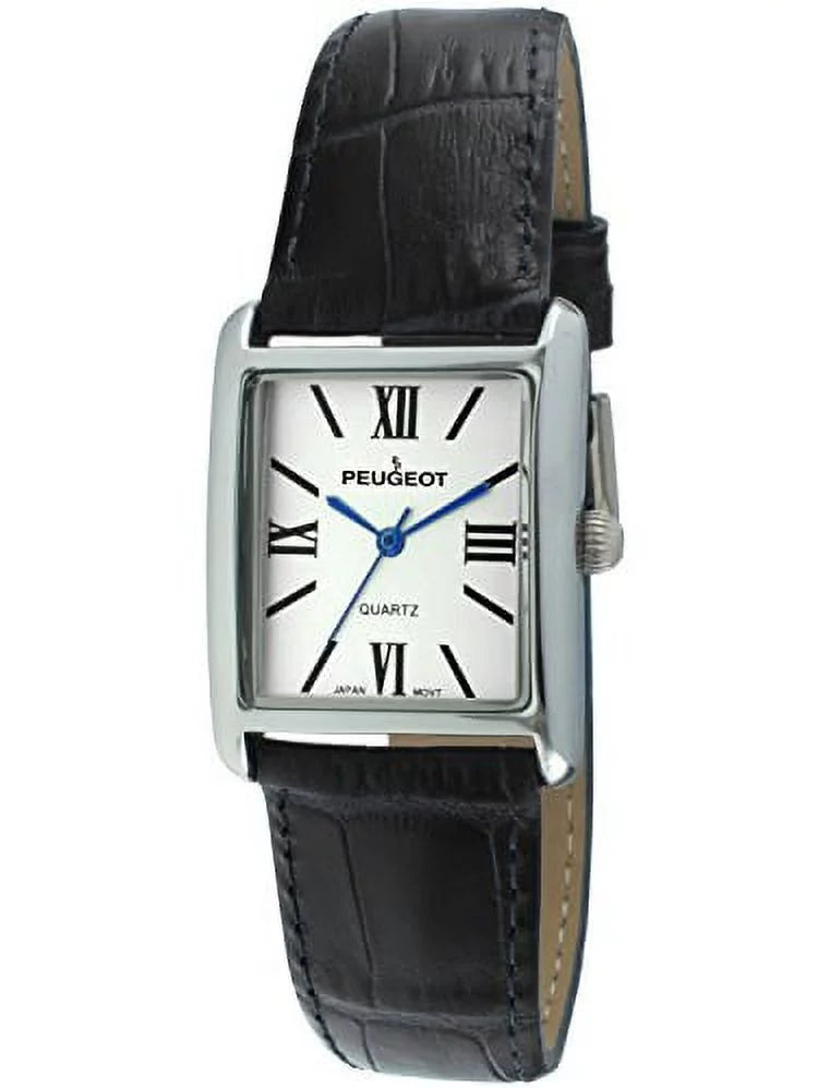 roman women's 3036bl watch silver peugeot numeral tank band blue leather