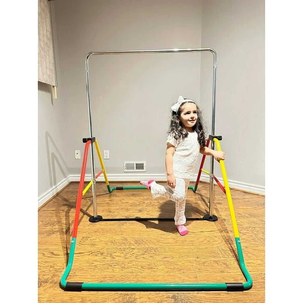 Junior Bar for Playground (Red/Yellow) Folding for Bar - Height-Adjustable Training Bar Kids' Gymnasts Bar Equipment Expandable Home Horizontal Kip - Monkey - Boys/Girls Gymnastics