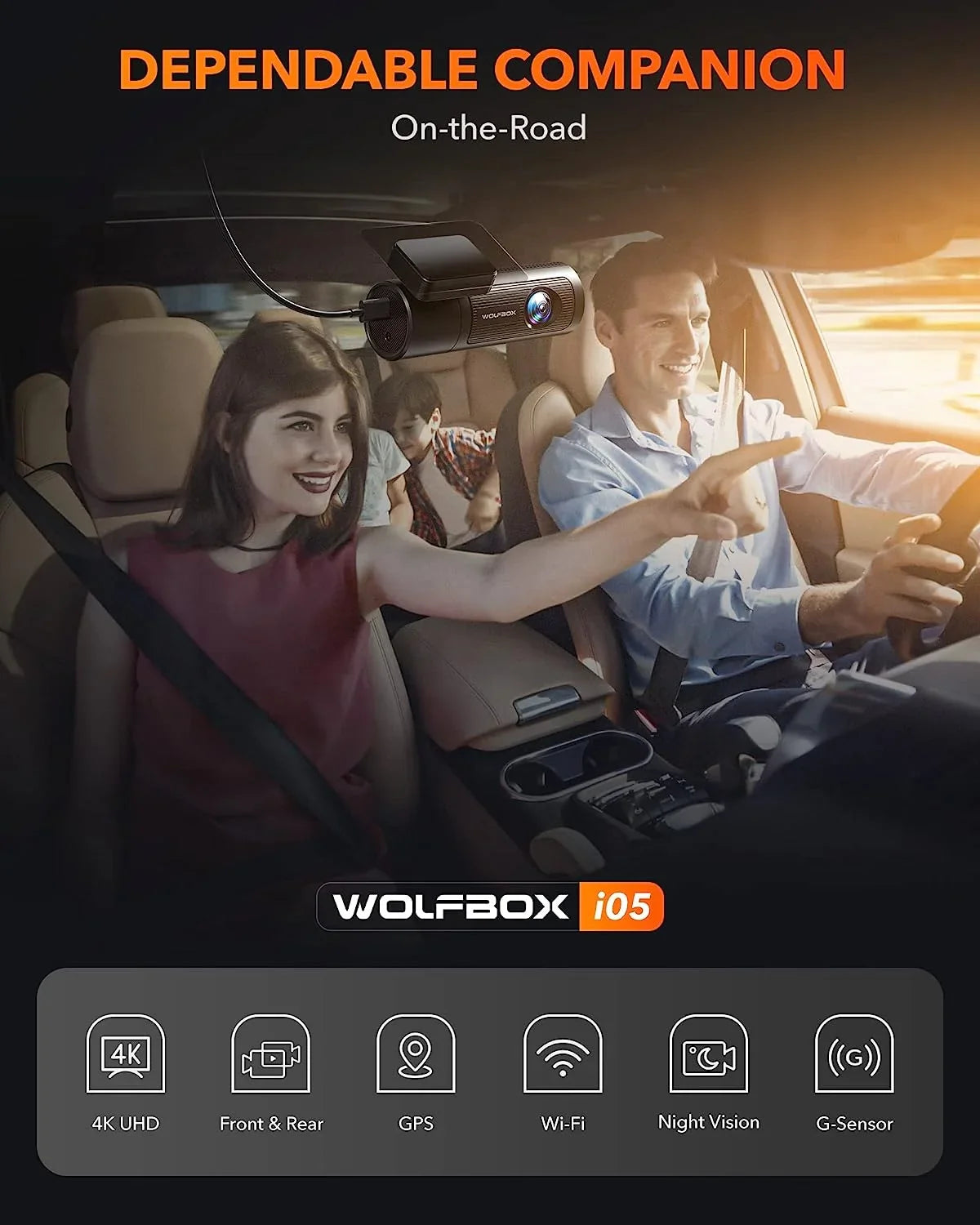 4K GPS Front Card, DashCam Front Rear, and Dashcam with Rear 32G Car 1080P Vision, Night WOLFBOX UHD Recording WDR, and WiFi, & Dash Free with Loop Cam