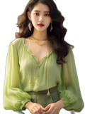 Chiffon Blouse. Style Fashionable Shirt Style Underneath. Spring Women'S With French Mint V-Neck Mambo Top