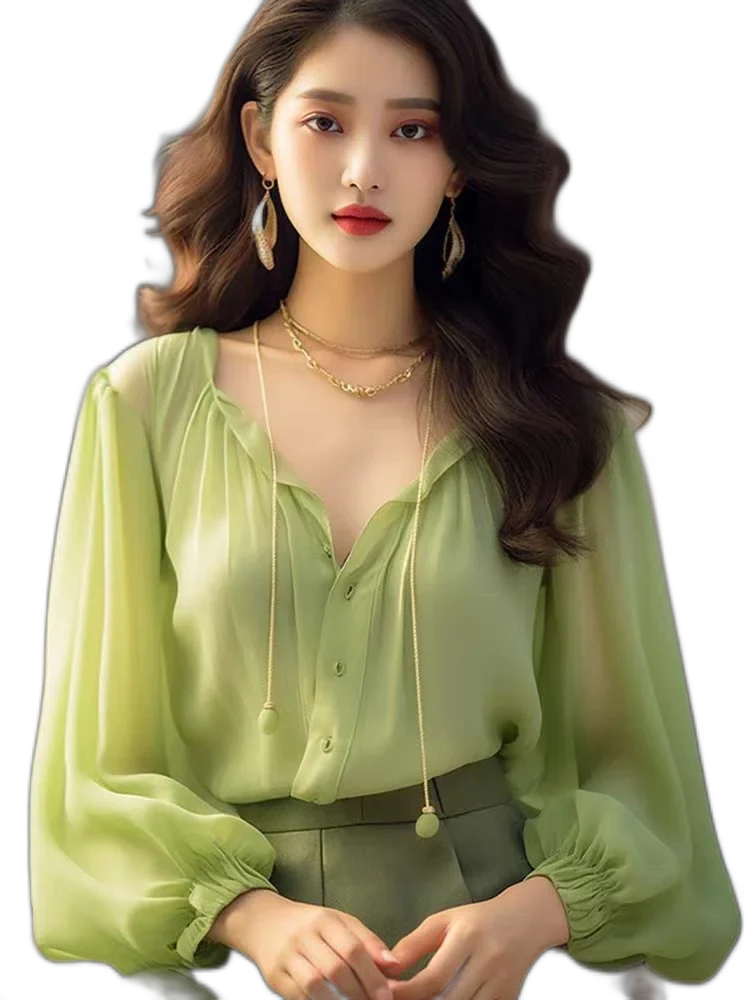 Chiffon Blouse. Style Fashionable Shirt Style Underneath. Spring Women'S With French Mint V-Neck Mambo Top