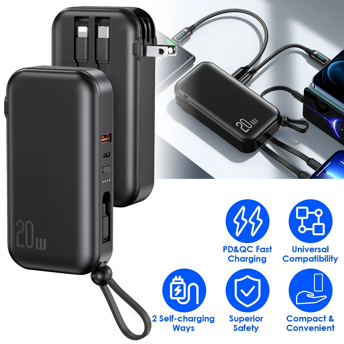 Android Charging 5 Portable 10000mAh Battery iMounTEK PD20W IOSPhone Fit CablesType-C/LT/Micro-USB Outputs 3 Fast Inbuilt Charger QC18W Pack 14 External For