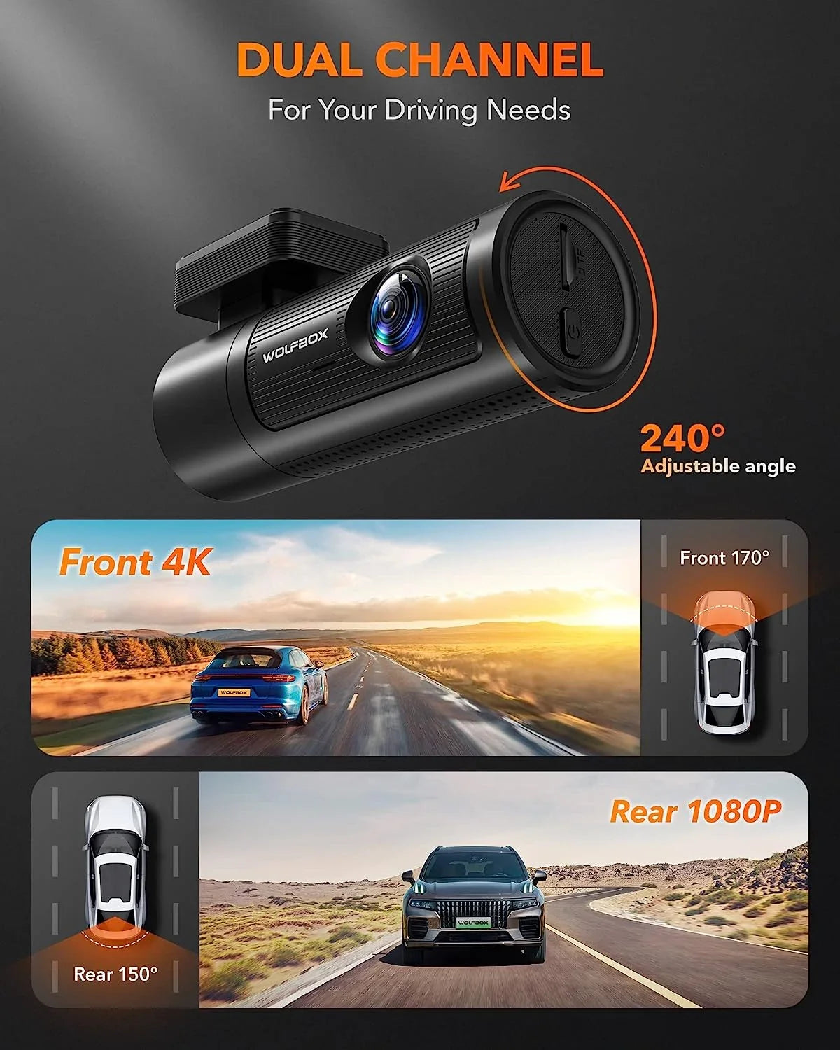 4K GPS Front Card, DashCam Front Rear, and Dashcam with Rear 32G Car 1080P Vision, Night WOLFBOX UHD Recording WDR, and WiFi, & Dash Free with Loop Cam