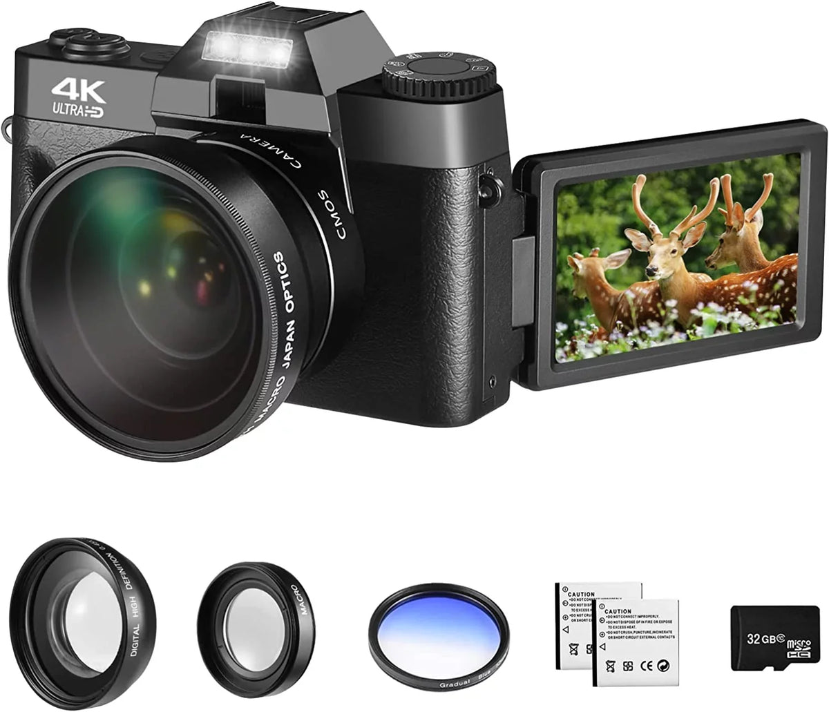 and GB Camera,Digital Photography,4K Camera Flip Vlogging 180° Batteries(Black) with 48MP Lens,Macro Digital for Kids Card,2 Lens,32 for Adults Camera Micro Screen,Wide-Angle