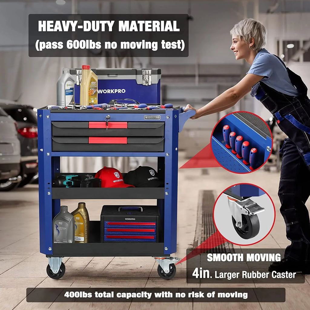 Garage, with Duty Rolling Organizer Industrial Service Heavy WORKPRO Premium Mechanic, Storage System, Workshop, 28" and for Warehouse, 400 Utility Cart, Load Wheels Cart 2-Drawer Tool lbs Locking