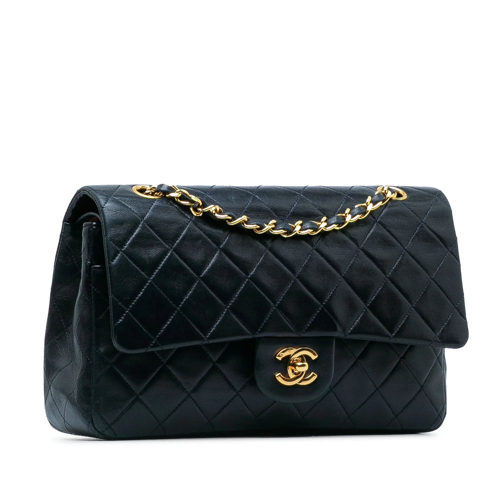 Lambskin Leather Medium Bag Unisex Pre-Owned Authenticated Flap (Good) Double Shoulder Blue Classic Chanel