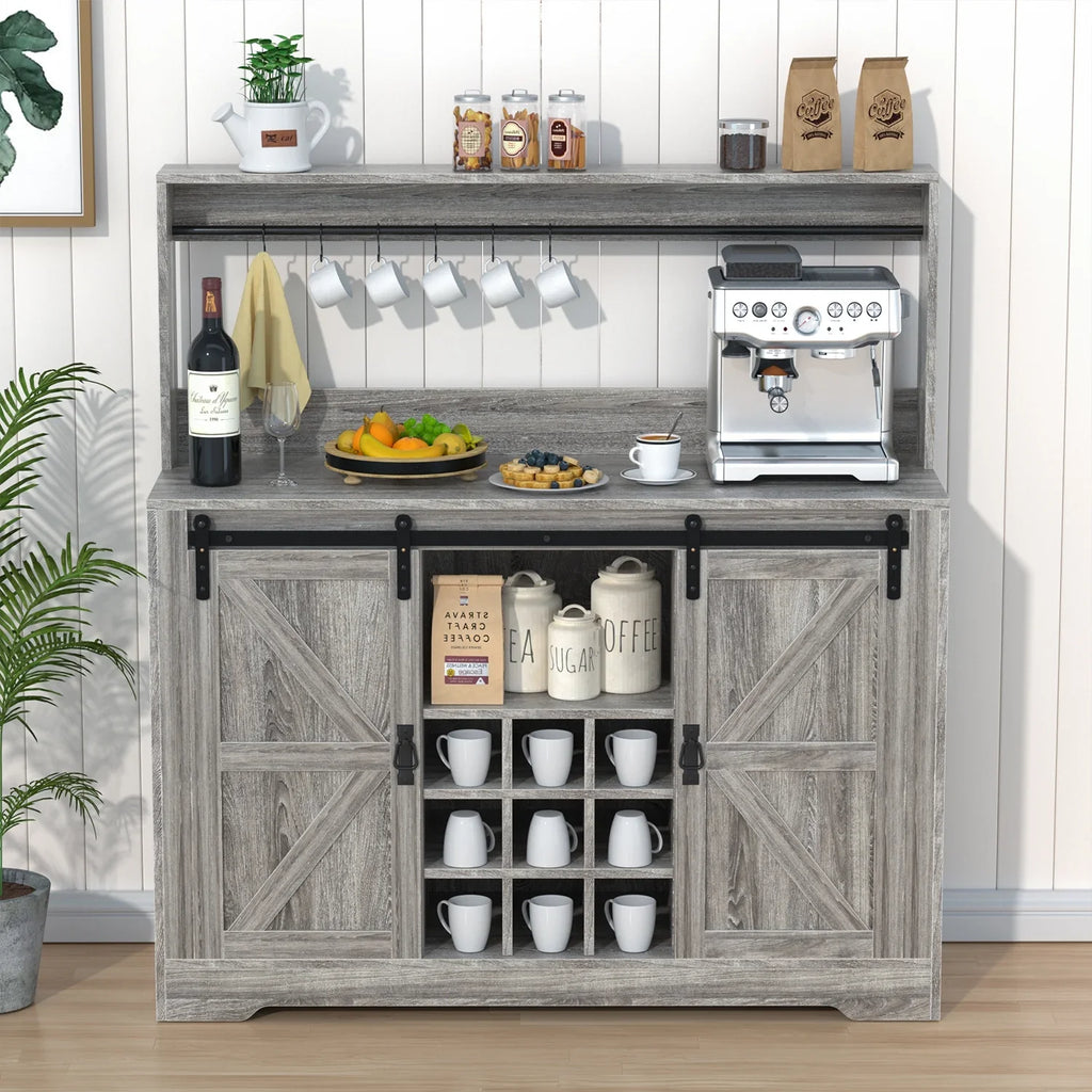 Bar Room(Gray) 6 Bar Deco Cabinet Dining Rack Urban Coffee with Storage,Liquor with Sideboard for Kitchen and Hooks Buffet