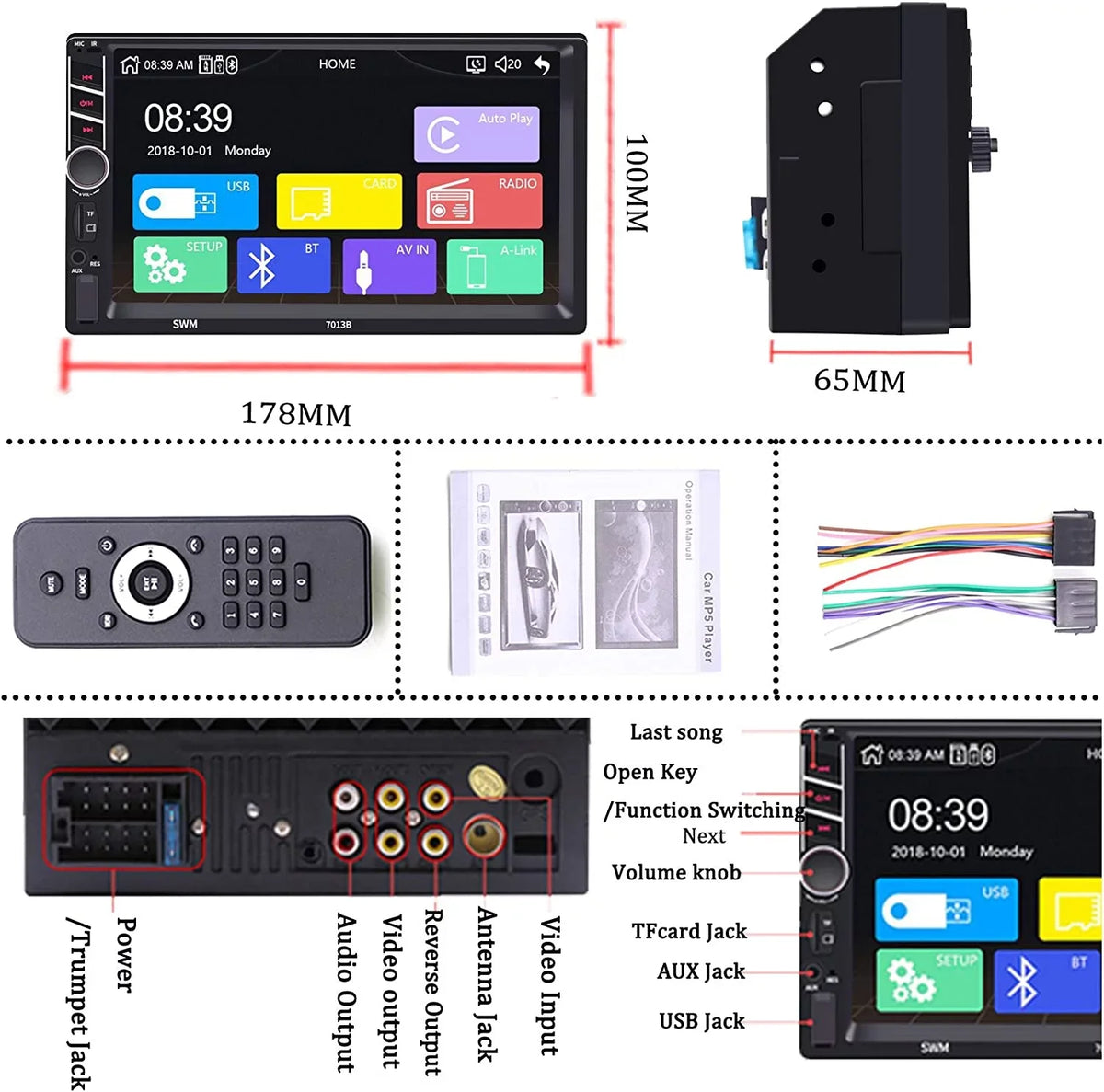 Bluetooth Control/USB/Remote Image Wheel with Carplay Touchscreen Input/Steering Player/FM/AM,Support 7 Compatible Android Stereo Auto Binize Unit/MP5 Radio Car Head inch Reversing Din Double