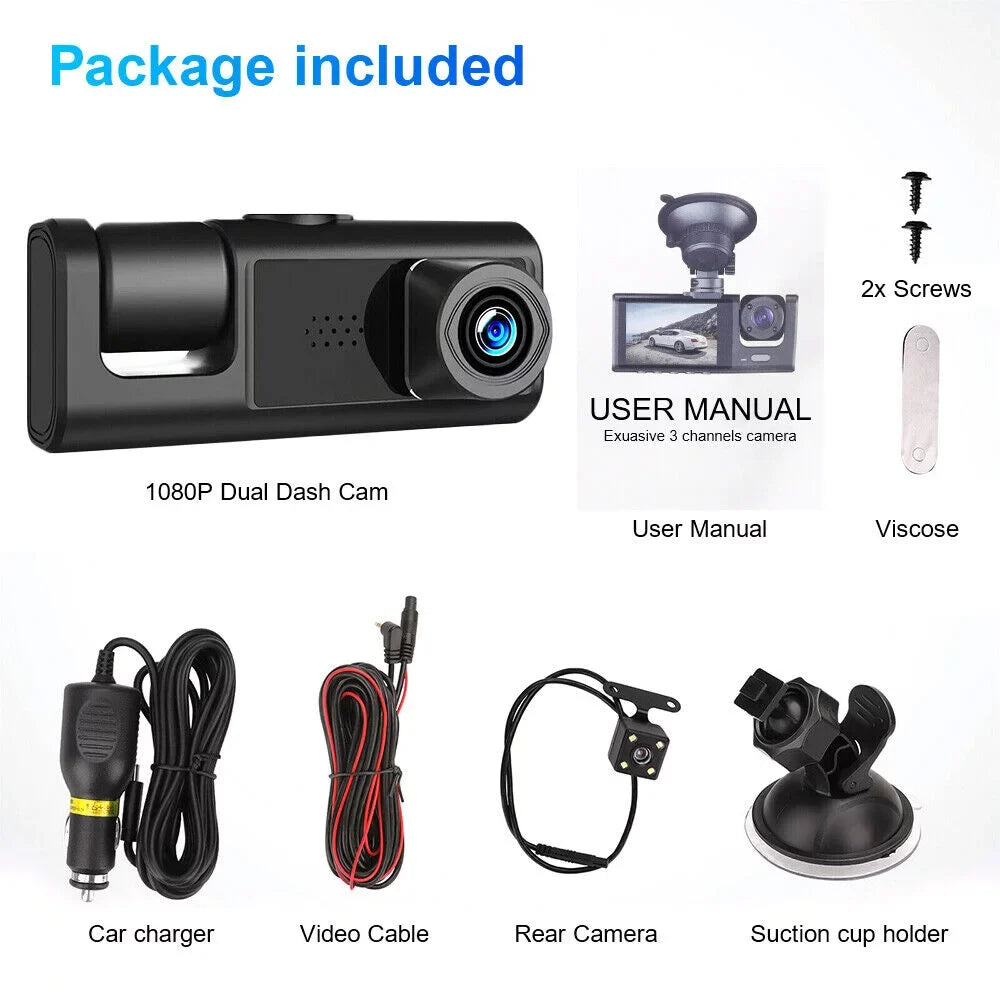 Front/Rear/Inside Dash Cam G-sensor 1080P Dual Lens Jinyi Camera Video Car Recorder