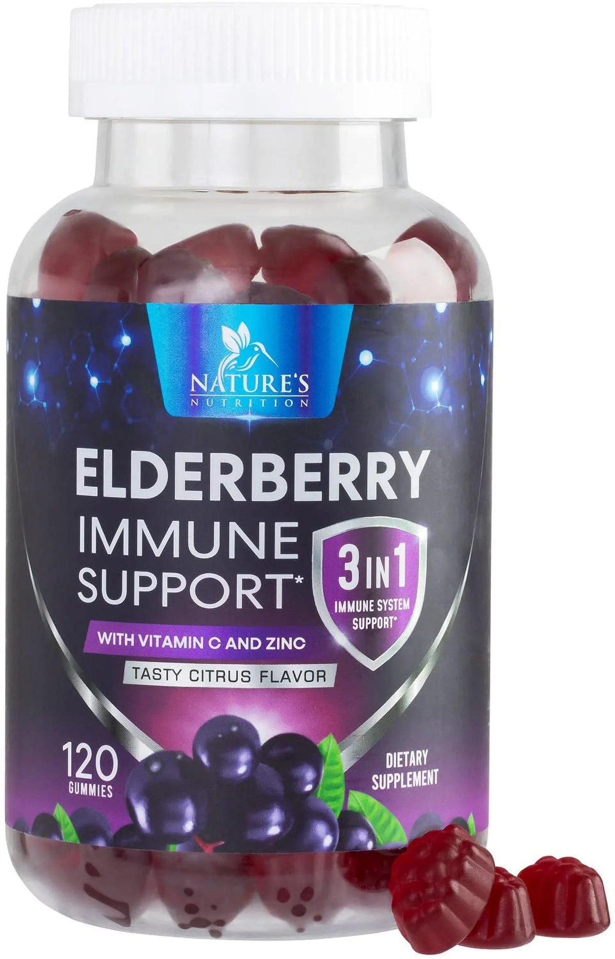 Black Nature's Vitamin Gummies Gummies Vitamin Elderberry Kids Elderberry - Gluten Zinc, - Free Sambucus for Support 120 Supplement, with Gummy Adults C Immune & Gummies Immune and Non-GMO