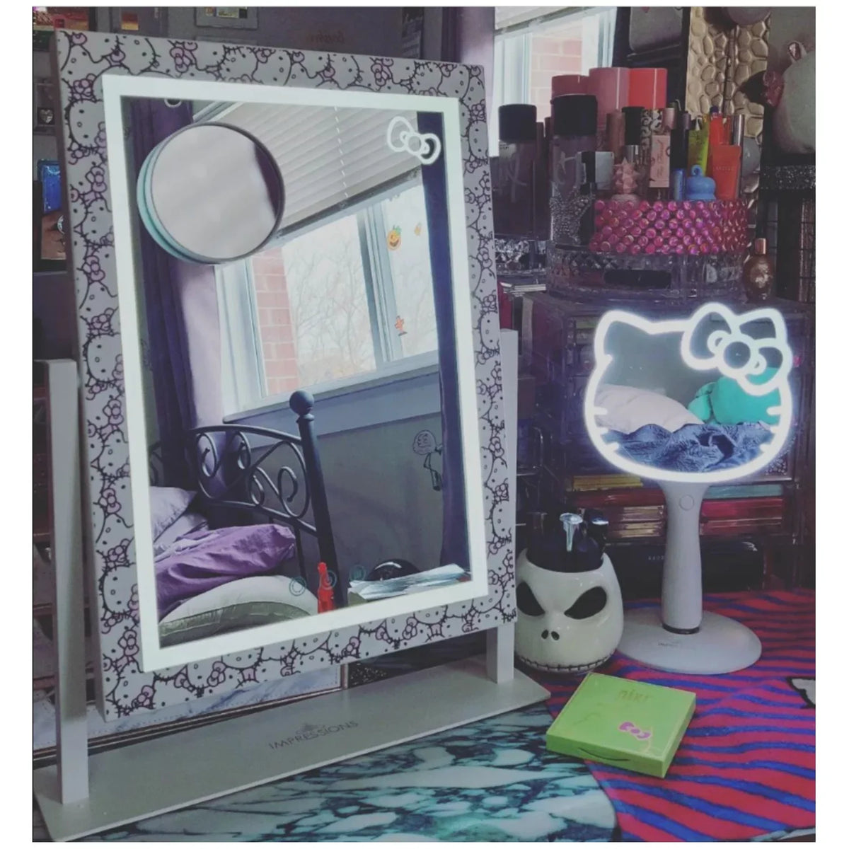 Lights 360 Impressions 3X Mirror Hello and Degree Touch (White) Quality and Frame Swivel Lighted with LED Magnification, Vanity Kitty Makeup Iron Tri Vanity with Tone Mirror Mirror, Cute