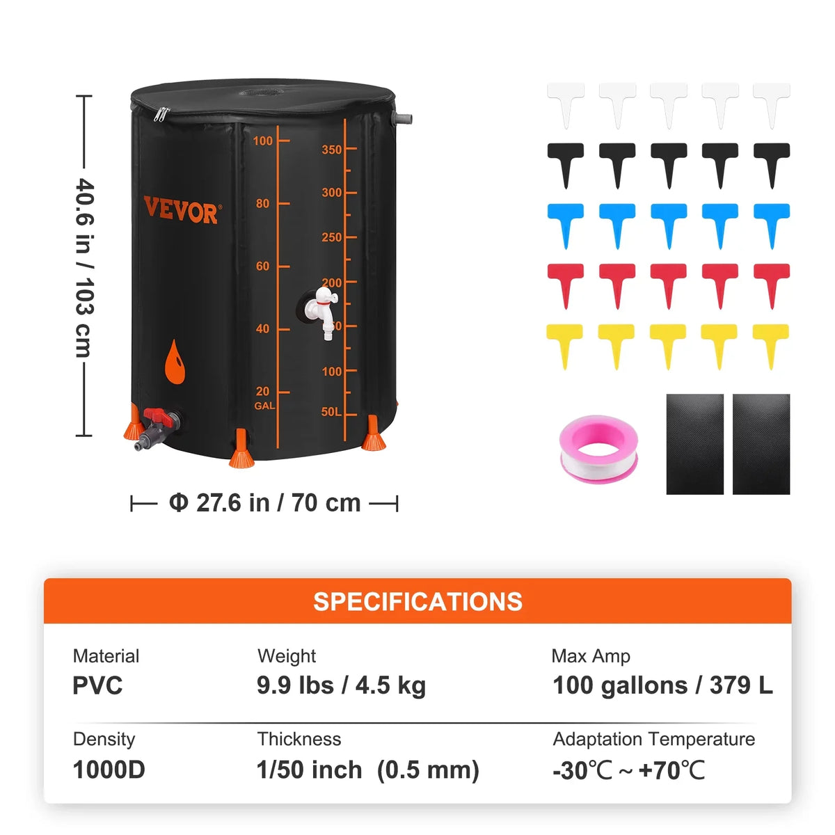 Including 100 Gallon Container Storage Kit, System Rainwater Collection Overflow Rain PVC Portable Barrel, Large and Water Tank Collapsible BENTISM Spigots Capacity,